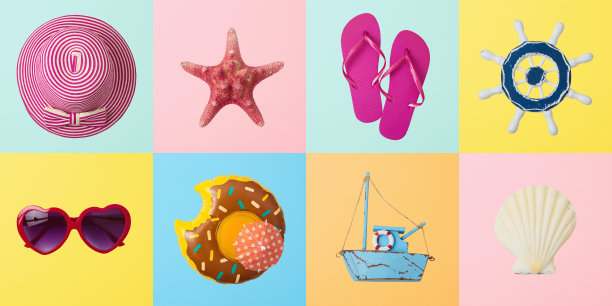 夏季创意背景与夏季对象。从上面俯视图片下载