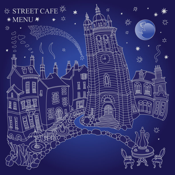 童话中的中世纪城镇房屋和街道café。黑色和白色手绘素描在深蓝色的夜空背景。旅游手册，t恤，咖啡菜单封面图片下载