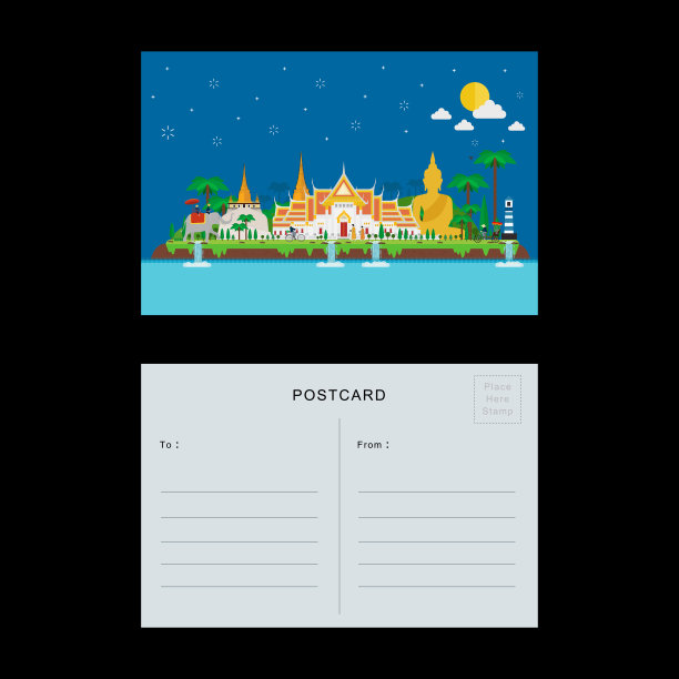 明信片的设计。晚上在岛上的泰国寺庙图片下载