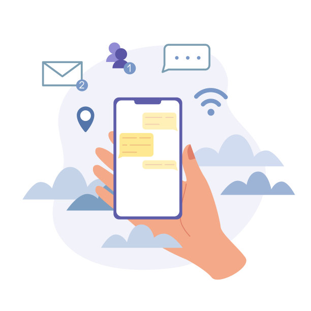女性手握手机聊天。电子邮件，联系人，短信，网络，导航图标。沟通概念在蓝色在白色的背景。平面设计向量图片下载