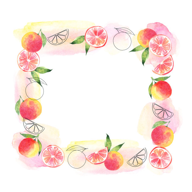 水彩方形框架的绿色和葡萄柚孤立在白色的背景图片下载