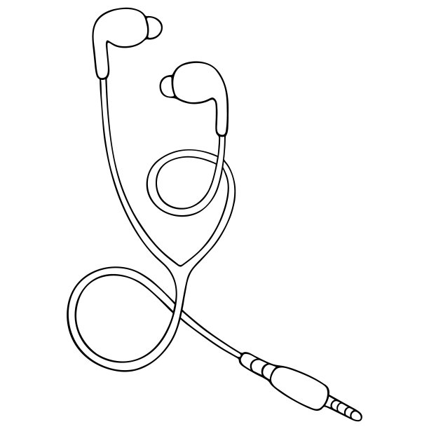耳机。矢量插图。带插头的长电线。草图。在孤立的白色背景上勾画轮廓。涂鸦风格。一种用来收听来自电话、mp3播放器、笔记本电脑的语音信息的设备。图片下载