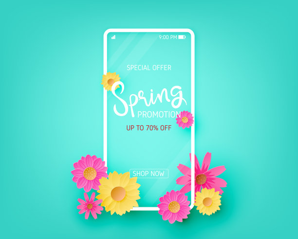 手机上的春季促销横幅上有五颜六色的花朵图片下载