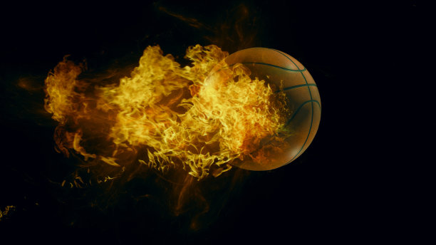 篮球在火，孤立的黑暗背景。3 d渲染。图片下载