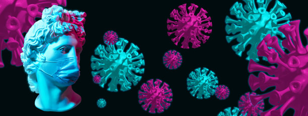 创意概念艺术拼贴。医疗面具中的阿波罗雕像。3 d冠状病毒图片下载
