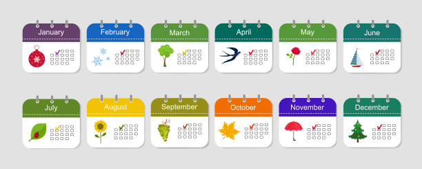 日历图标。一组图标与彩色图案在灯光背景图片下载