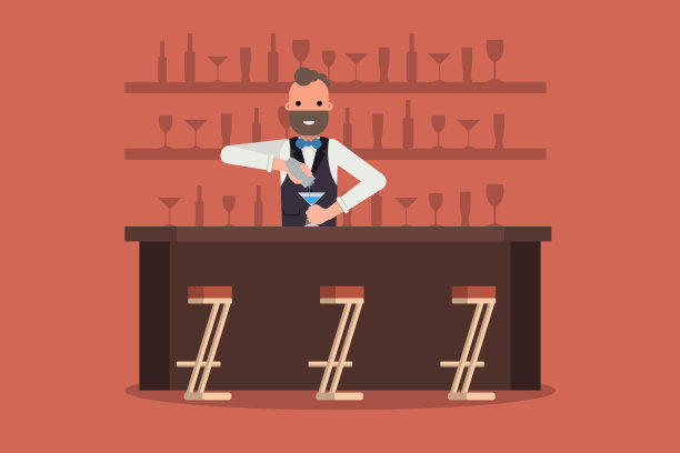 微笑的酒吧服务员在工作与摇酒器后面的陈列柜与酒瓶和玻璃杯的背景。矢量图图片下载