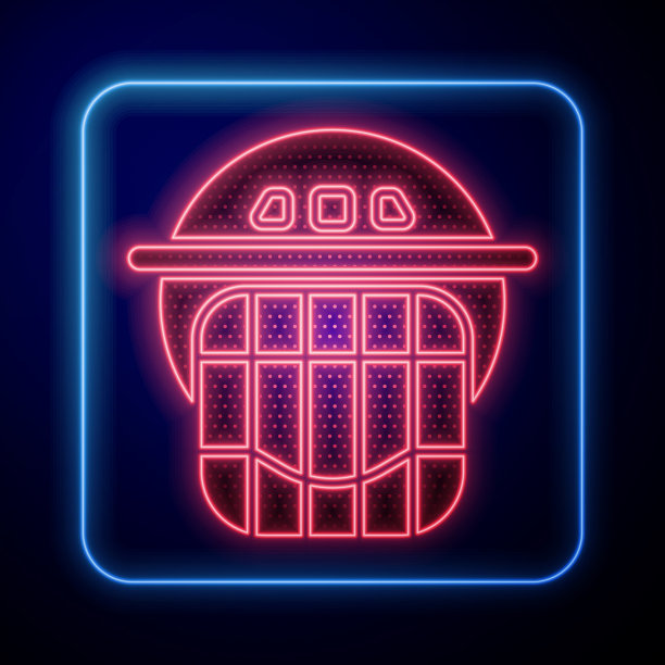 发光的霓虹灯曲棍球头盔图标孤立在蓝色图片下载