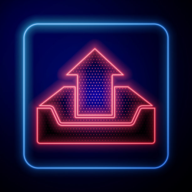 发光的霓虹灯上传收件箱图标隔离在蓝色图片下载