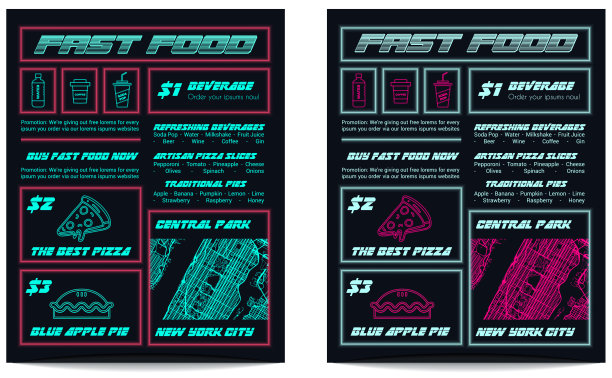 未来荧光霓虹粉蓝色赛博朋克食物菜单模板Synthwave餐厅图片下载