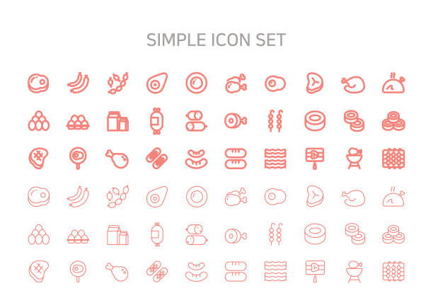 关于肉类类型和肉类烹饪的简单图标。图片下载