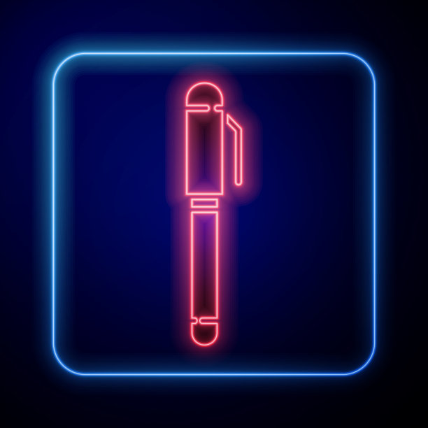 发光的霓虹笔图标孤立在蓝色背景图片下载