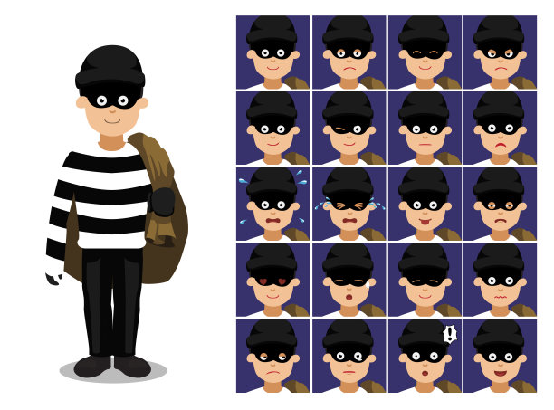 贼制服卡通情感面对矢量插图图片下载