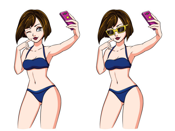 性感卡通女孩自拍。穿着蓝色泳衣，戴着黄色太阳镜的黑发女孩。图片下载