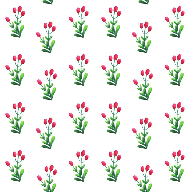 水彩植物模式。在白色背景上无缝的简单图案。可爱的绿色植物，粉红色的浆果。插图在幼稚的风格为印刷，纺织，织物，包装纸图片下载