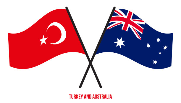 土耳其和澳大利亚国旗交叉和挥舞的平面风格。官方的比例。正确的颜色。图片下载