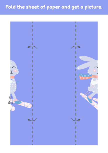 把这张纸折起来，画一个可爱的兔子在滑雪。儿童教育游戏。为幼儿园和学前年龄的工作表。发展精细运动技能。图片下载