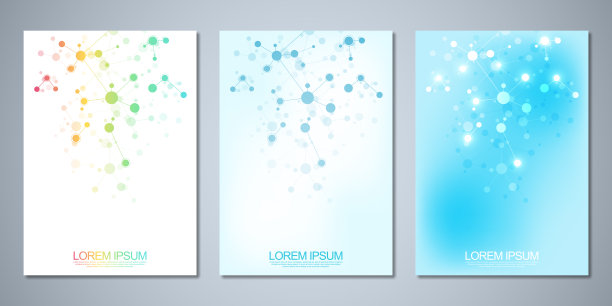 模板小册子或封面书，页面布局，传单设计与分子结构和DNA链的抽象背景。理念和理念的创新技术，医学研究，科学。图片下载