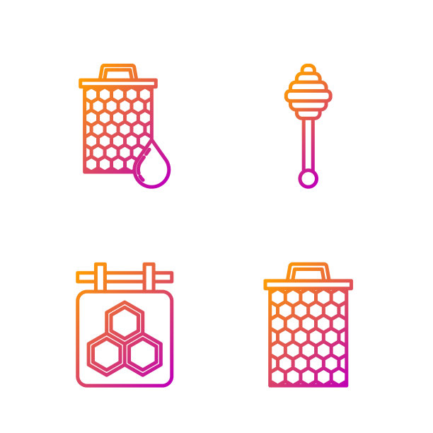 设线蜂巢，悬挂标志蜂巢，蜂巢和蜂蜜勺棒。渐变颜色图标。向量图片下载
