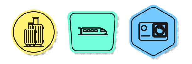 系列旅行箱旅行，火车和行动极端相机。颜色的形状。向量图片下载