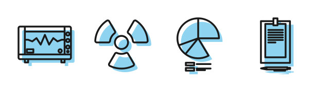 设置线饼图信息图，计算机监视器与心电图，放射性和剪贴板与文件图标。向量图片下载