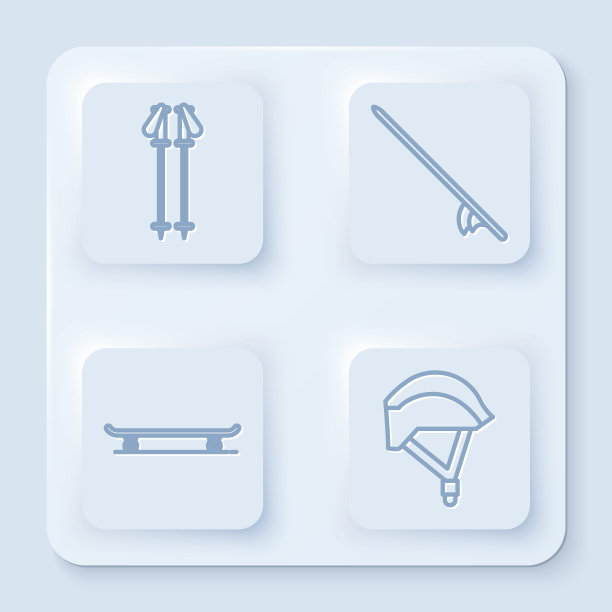 设置线杆，冲浪板，滑板和自行车头盔。白色正方形按钮。向量图片下载