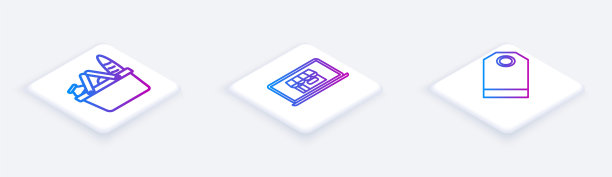 设置等距线购物篮和食品，购物大楼在屏幕上的笔记本电脑和空白标签模板价格标签。白色正方形按钮。向量图片下载