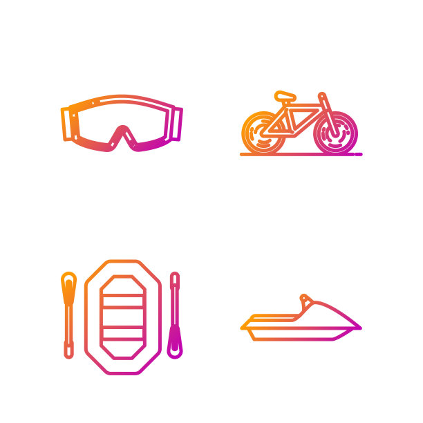 设置水上摩托，漂流艇，滑雪镜和自行车。渐变颜色图标。向量图片下载