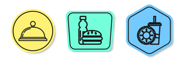 摆好一盘食物，一瓶水，汉堡，纸玻璃杯，吸管和甜甜圈。颜色的形状。向量图片下载