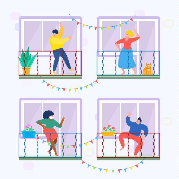 检疫的概念。人们呆在家里的阳台上跳舞。呆在家里的概念。自我隔离，因冠状病毒而隔离。图片下载