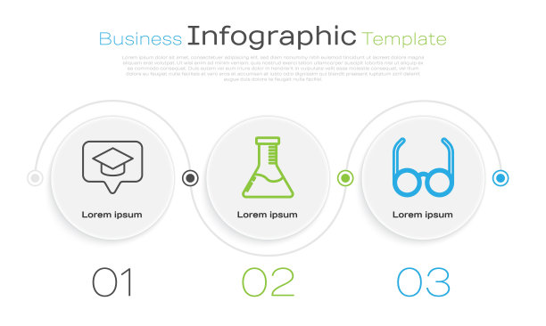 在语音气泡，试管，烧瓶，化学实验室和眼镜上设置线刻度帽。业务信息模板。向量图片下载