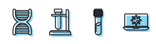 试管和烧瓶化学，DNA符号，试管烧瓶支架和细菌笔记本图标。向量图片下载