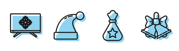 圣诞老人礼品袋、电视圣诞节、圣诞帽和铃铛图标矢量素材图片下载