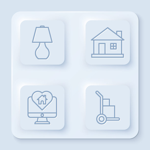 设线形台灯、房屋、心形房屋监视器、手推车和箱子。白色正方形按钮。向量图片下载