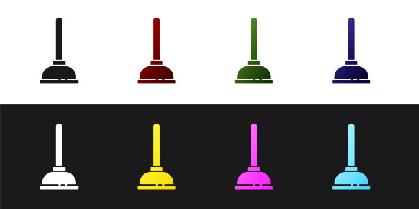 设置橡胶柱塞与木柄管道清洗图标隔离在黑白背景。刷马桶的刷子。矢量图图片下载