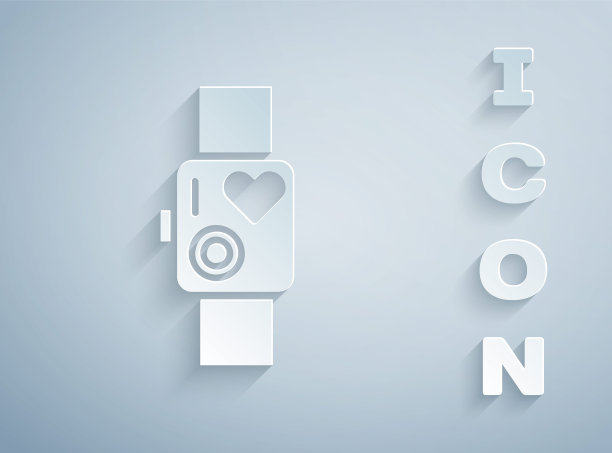 剪纸智能手表显示心率图标孤立在灰色背景。健身应用程序的概念。纸艺术风格。矢量图图片下载