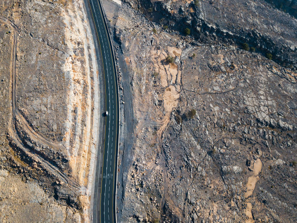 阿拉伯联合酋长国哈伊马角杰贝尔杰伊斯砂岩山上的蜿蜒沙漠公路图片下载