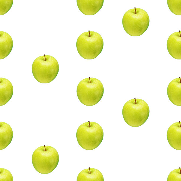 白色背景上的绿苹果图案。孤立的水果。图片为织物，墙纸和包装纸图片下载