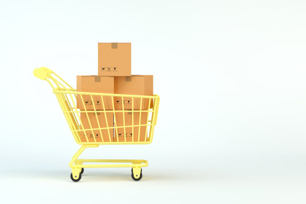包装盒和黄色购物车，3d渲染。图片下载