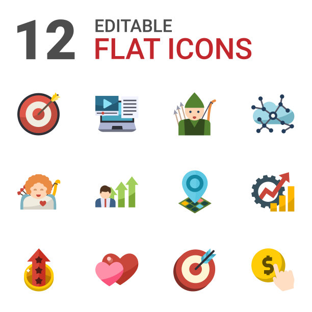 12个箭头平面图标隔离在白色上图片下载