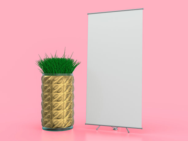卷起横幅架。粉红色背景上的模型。3 d演示。图片下载