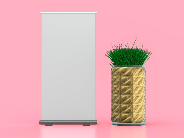 卷起横幅架。粉红色背景上的模型。3 d演示。图片下载