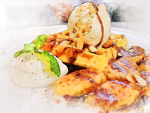 午餐后抽象化的彩色甜食以水彩插画为背景画上。图片下载