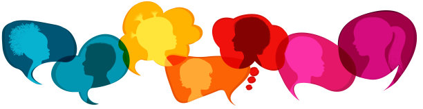 演讲泡沫。多元文化的幼儿园。剪影组的现代儿童在彩虹色的侧面。多民族的孩子沟通。孩子说话。全球化图片下载
