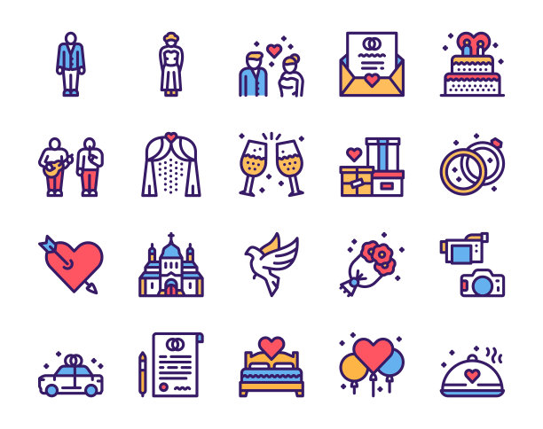 婚礼颜色线性图标设置爱图片下载