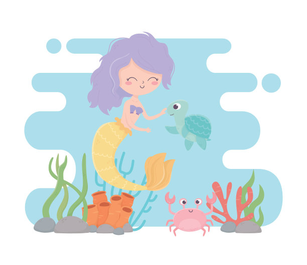 美人鱼，海龟，螃蟹，珊瑚礁，卡通海洋图片下载