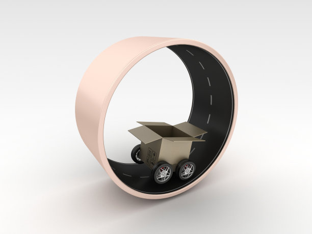 在圆形道路上车轮上的纸箱- 3D渲染图片下载