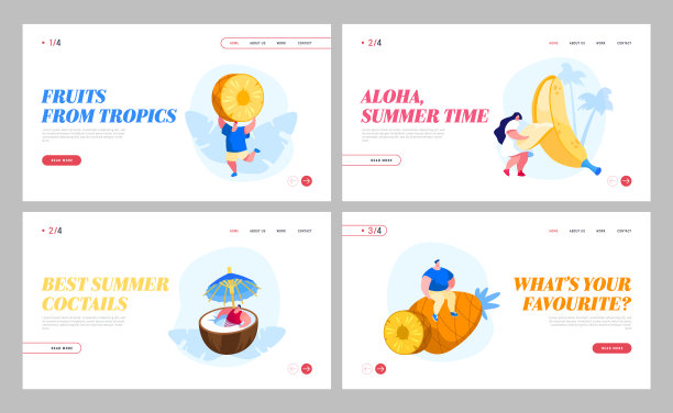 采购产品素食健康食品，营养，夏季新鲜果汁饮料鸡尾酒登陆页面模板设置。小巧的特点和巨大的成熟热带水果椰子，菠萝，香蕉。卡通矢量图图片下载
