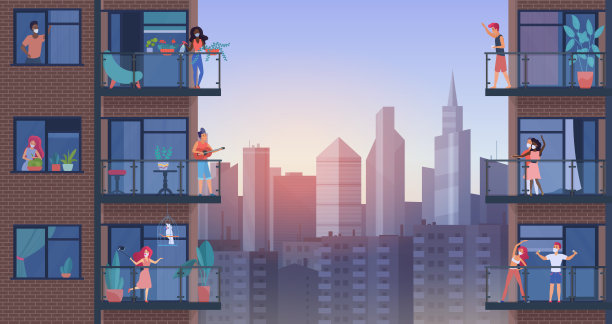 市民在城市阳台上检疫病媒插画，卡通平面男女人物在医疗口罩居家，享受全景城市城市景观图片下载