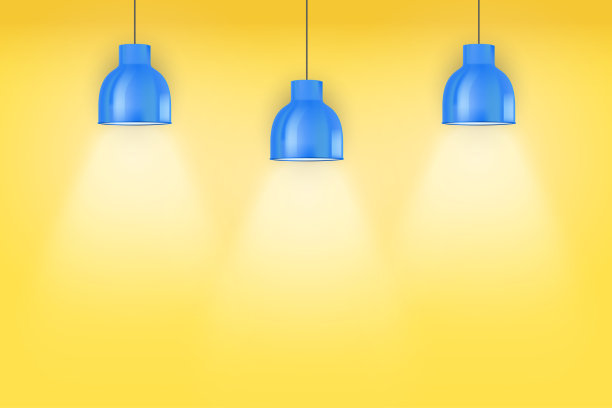 黄色的内墙和蓝色的古董灯图片下载